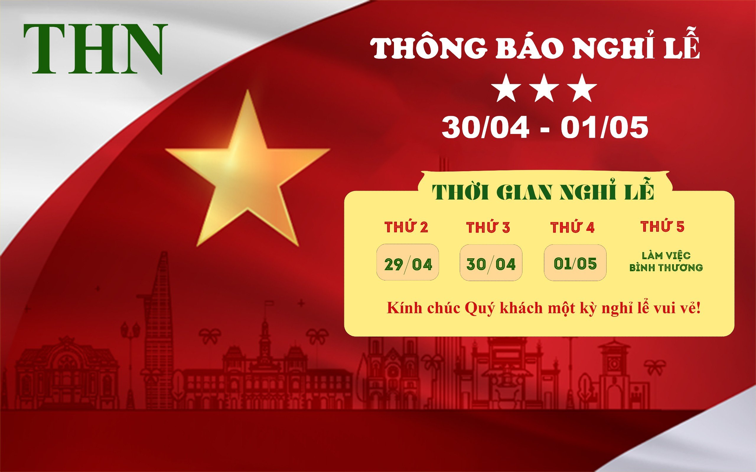 THN Việt Nam Thông Báo Lịch Nghỉ Lễ 30/04 – 01/05